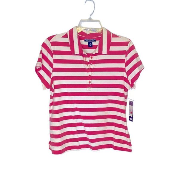 New Bandolino Striped Polo Top, pink and white, short sleeves, size PM - Picture 1 of 6